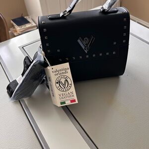 Valentino Orlandi Black Vegan Leather Handbag with Logo Accent